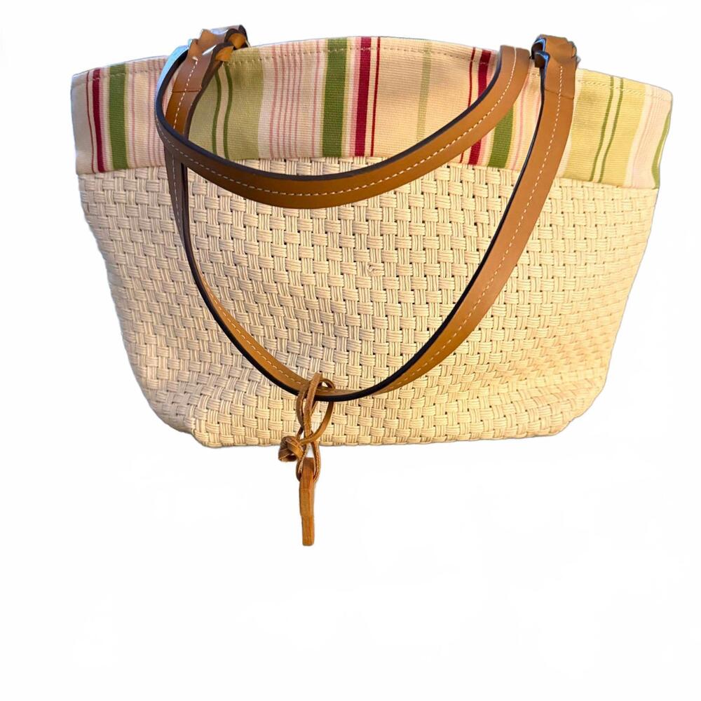FOSSIL Straw Pink/Green Canvas Nautical Satchel Purse Preppy Cottage‎ Core